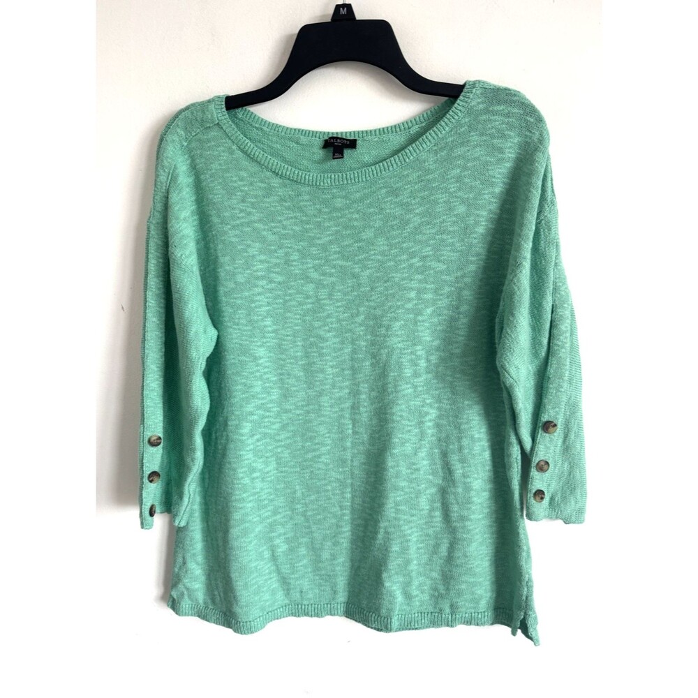 Talbots Green Sweater Size XLP Cotton Blend Button Sleeve Boat Neck Top